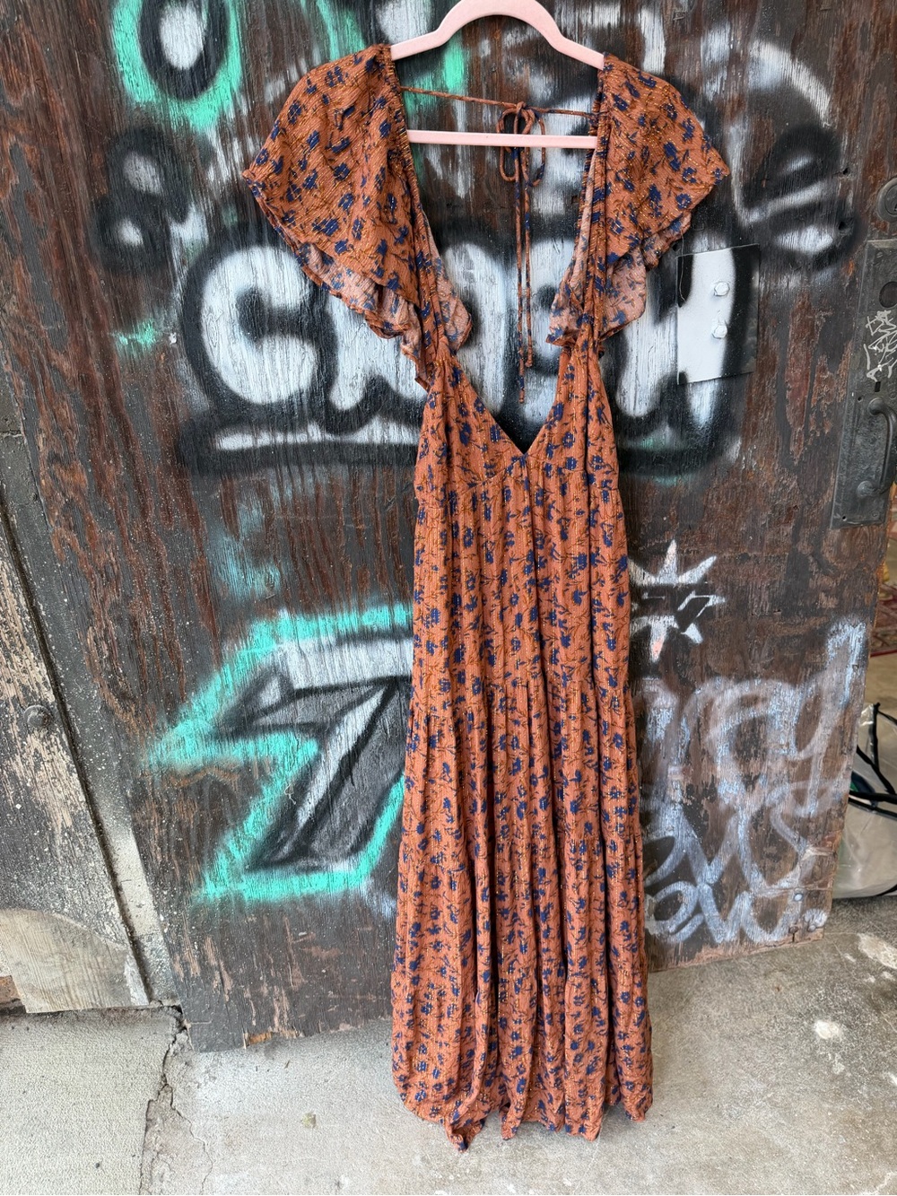 Jen’s Pirate Booty Rust Floral Maxi Boho Dress with Deep V-Neck OBO Glitter Gold - Picture 4 of 13